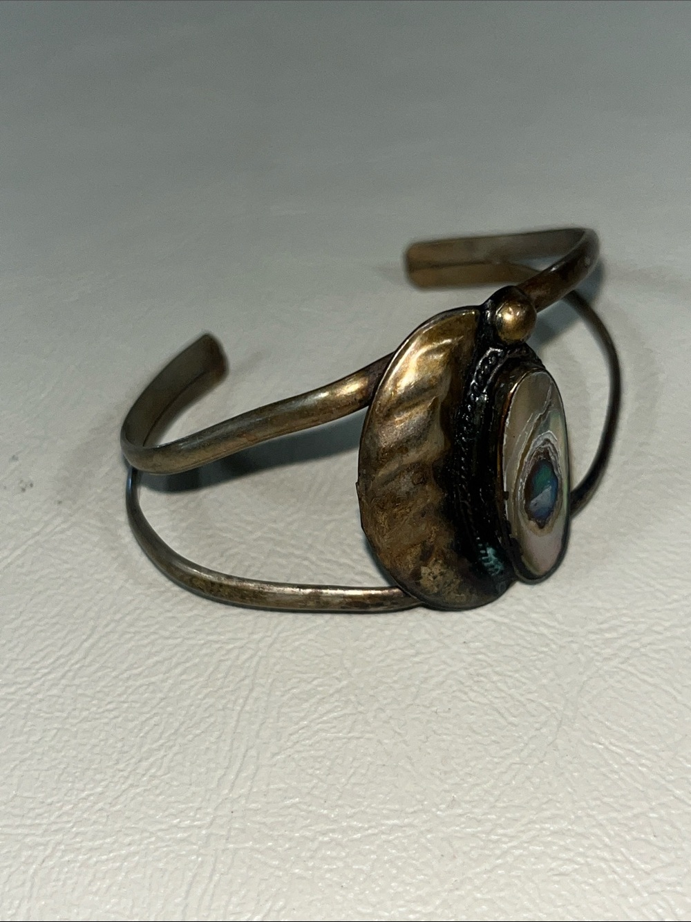 Mexico Antique-Style Brass Cuff Bracelet with Iridescent Center Stone